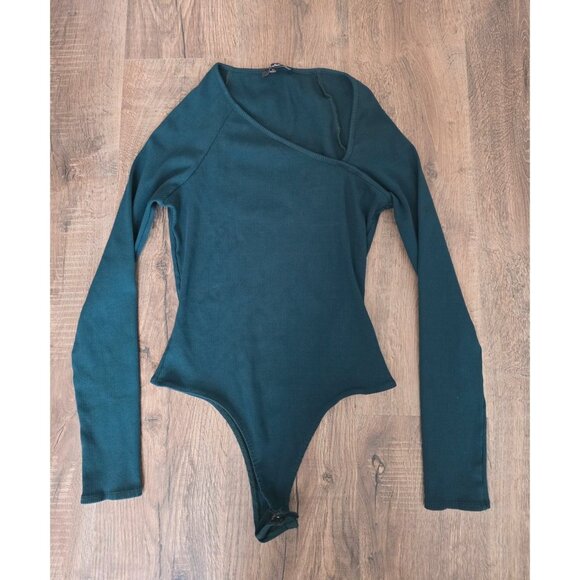 Lulus Forest Green Ribbed Long Sleeve Asymmetrical Bodysuit XL - Picture 2 of 7